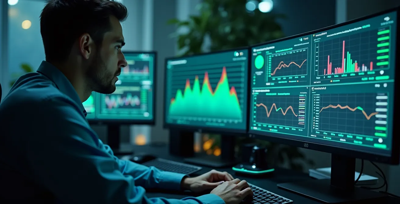 Technicien analysant les performances d'un poste de travail avec outils de diagnostic
