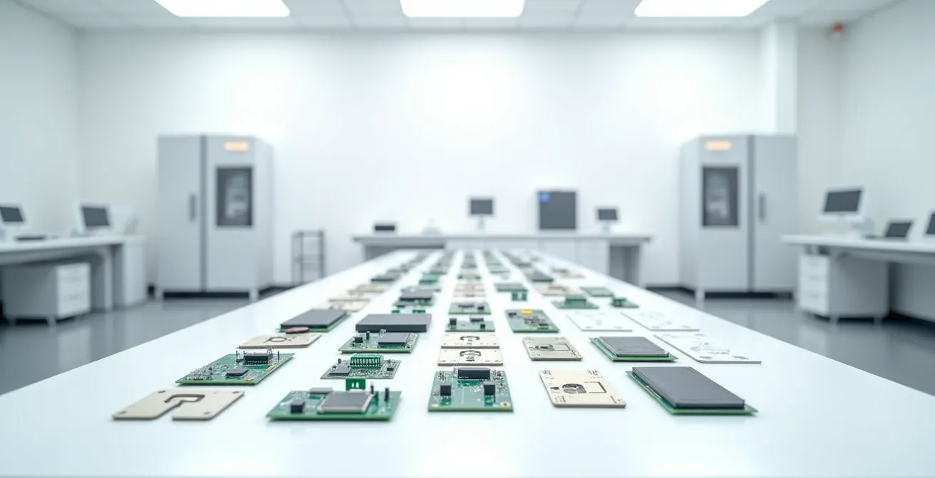 Environmental minimalist photograph of a cleanroom workspace with carefully arranged modular electronic components on a pristine white surface, emphasizing design for disassembly principles