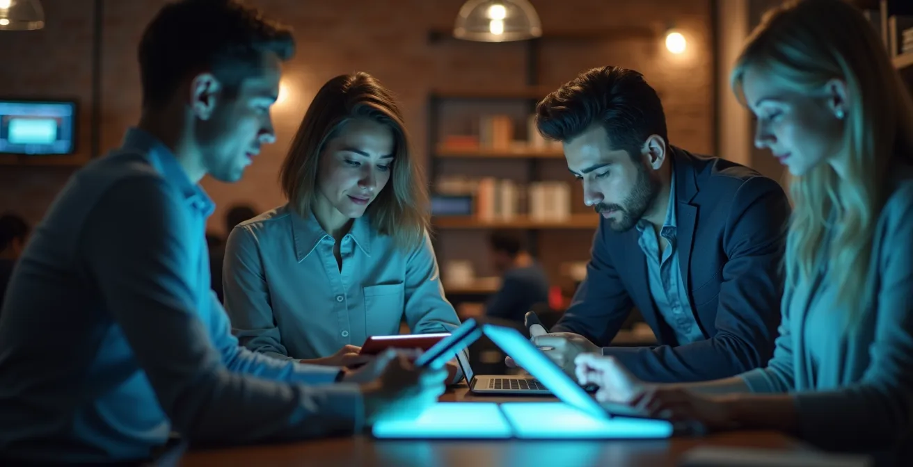Scène collaborative numérique illustrant des professionnels interagissant via une plateforme digitale intuitive