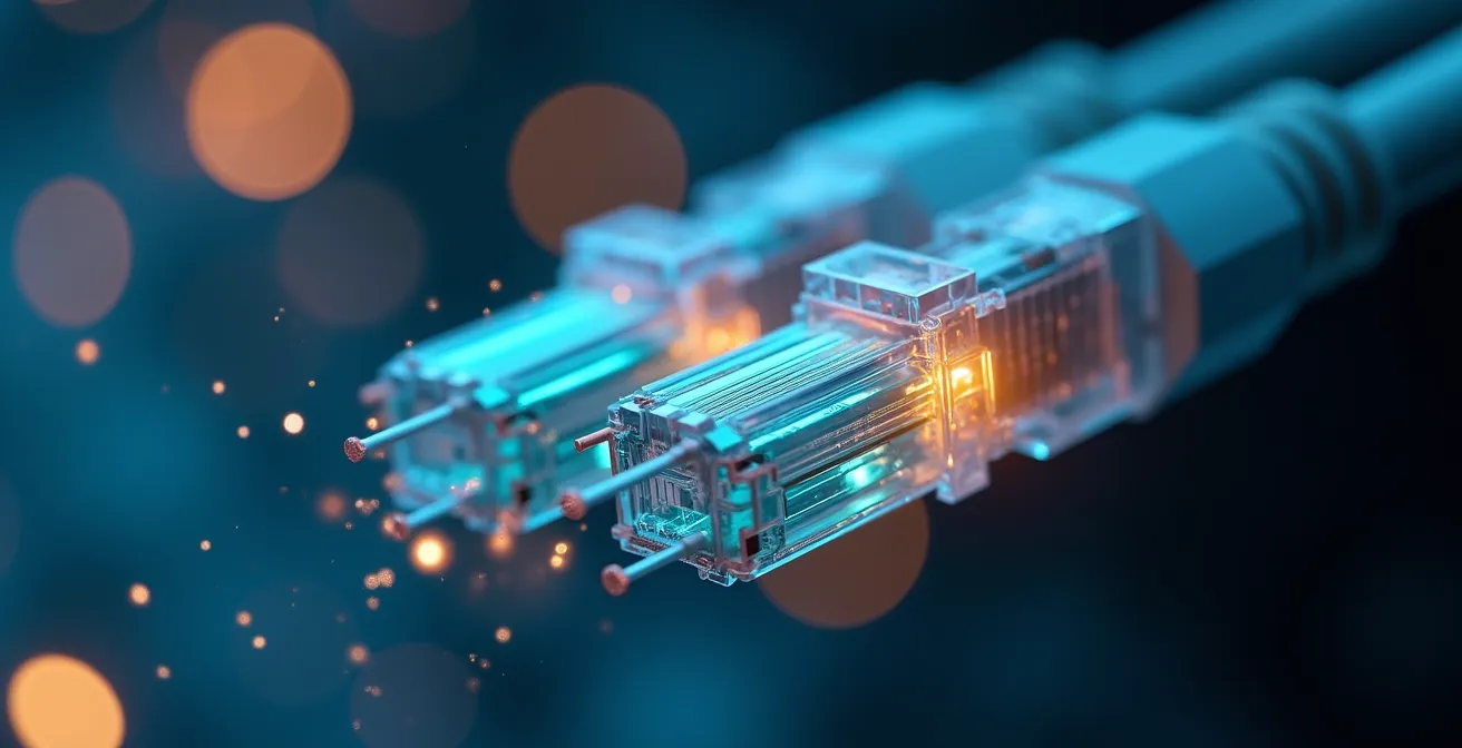 Detailed macro photograph of network fiber optic cables with data flowing through them, symbolizing deep visibility into network layers and root cause identification