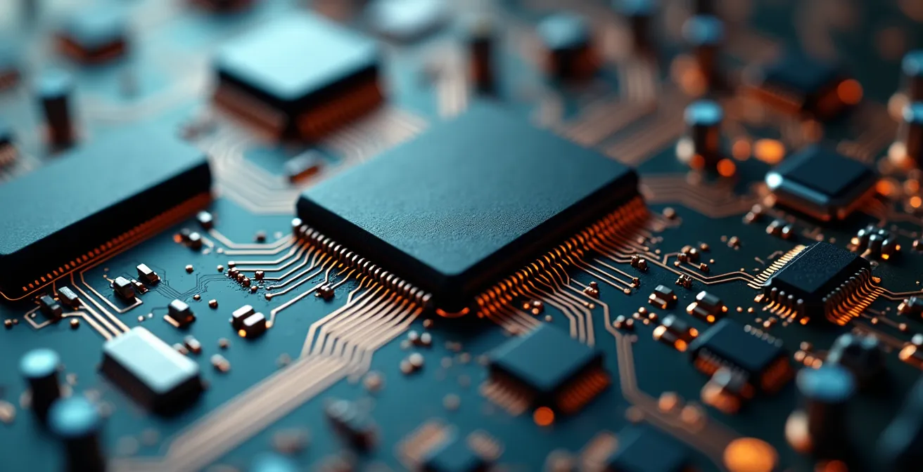 Macro close-up photograph of intricate circuit board traces and microchips with golden copper pathways, representing the technological foundation enabling smart grid connectivity