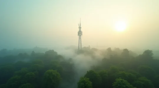 Overhead view of a modern telecommunications tower rising through morning mist in a natural forest landscape, symbolizing the integration of technology and environmental sustainability