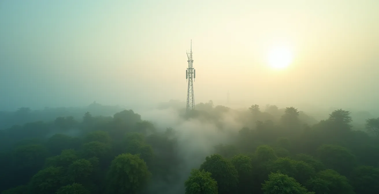 Overhead view of a modern telecommunications tower rising through morning mist in a natural forest landscape, symbolizing the integration of technology and environmental sustainability