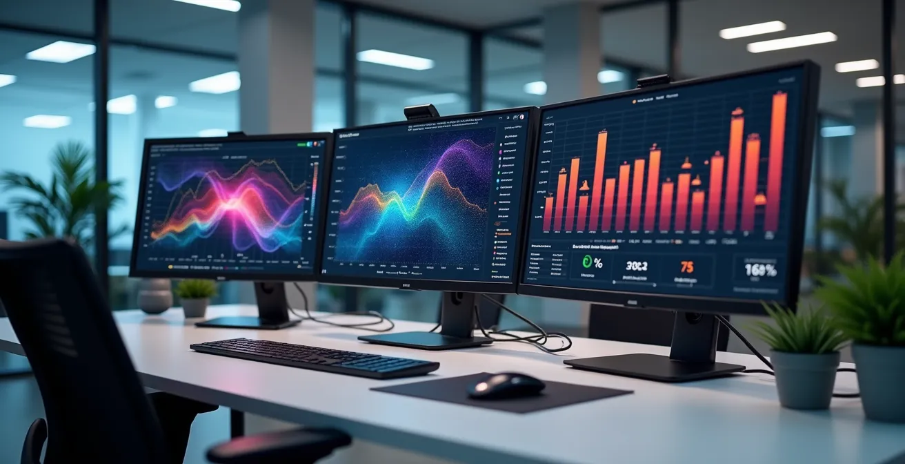 Modern office environment with digital monitoring dashboards displaying Teams call quality metrics, network performance indicators, and real-time collaboration analytics on multiple screens
