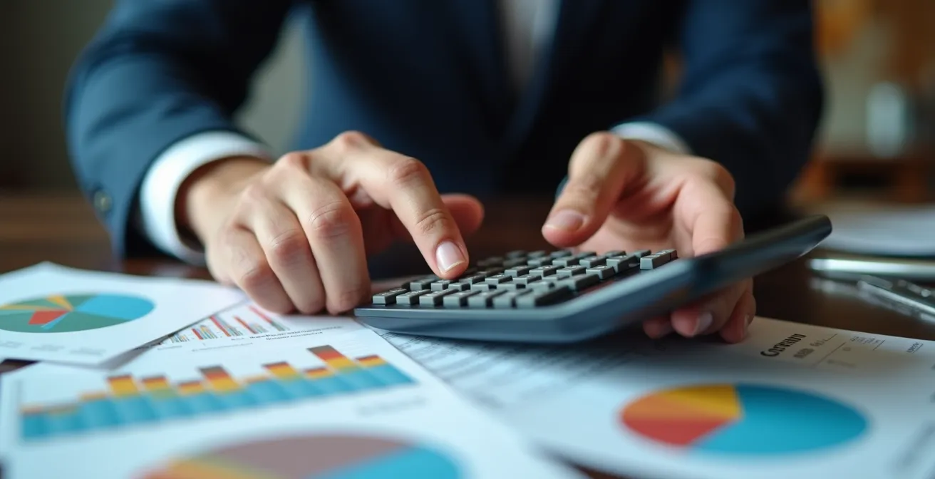 Close-up of hands holding calculator with cost analysis papers and graphs