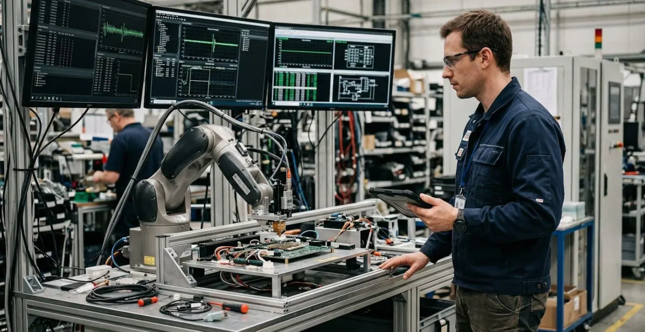 Semiconductor robot in testing station with diagnostic monitoring during quality validation
