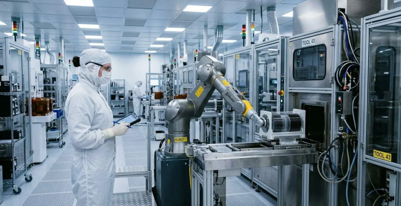 Semiconductor robot arm handling wafer cassette in cleanroom environment with technician observing
