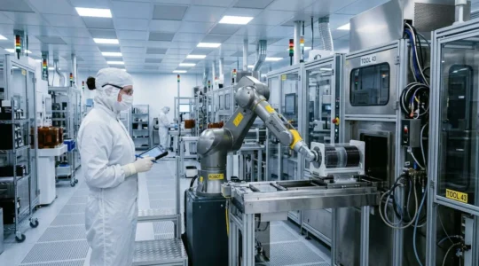Semiconductor robot arm handling wafer cassette in cleanroom environment with technician observing