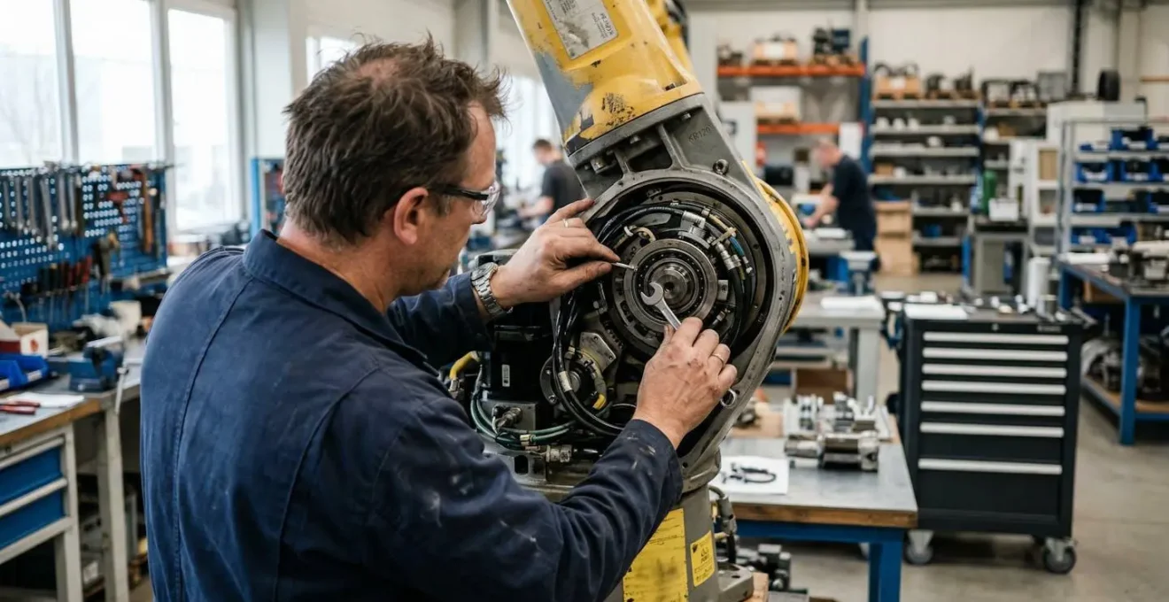 Maintenance technician examining robot arm joint for mechanical wear diagnosis