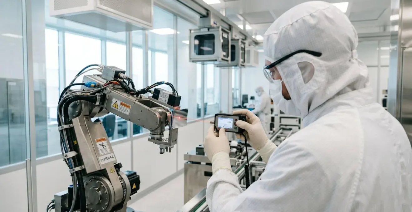 Cleanroom technician in white bunny suit viewed from behind performing precision measurement on semiconductor equipment with laser tool