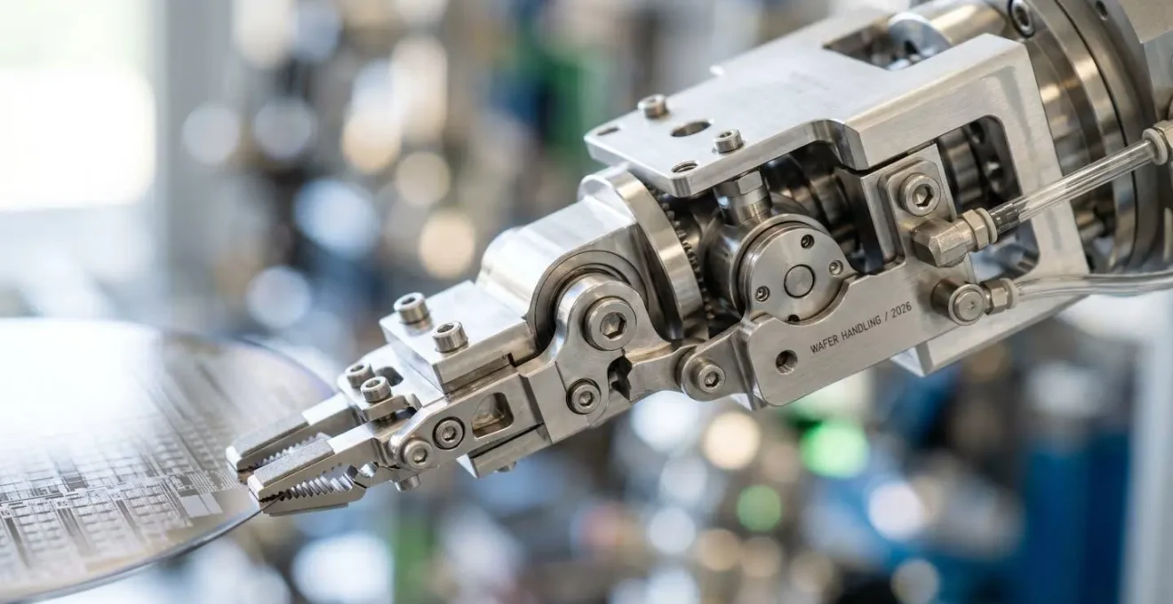 Extreme close-up of metallic robot end-effector gripping mechanism with precision mechanical components in sharp focus