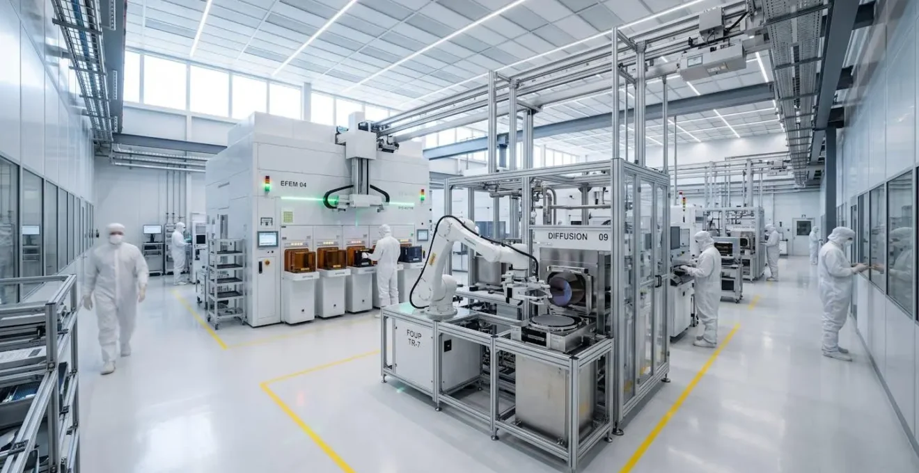 Modern semiconductor cleanroom facility with EFEM wafer handling equipment in white and stainless steel under bright industrial lighting