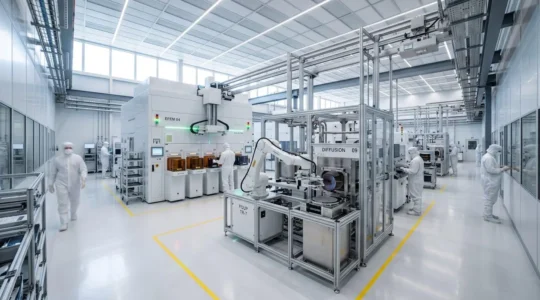 Modern semiconductor cleanroom facility with EFEM wafer handling equipment in white and stainless steel under bright industrial lighting